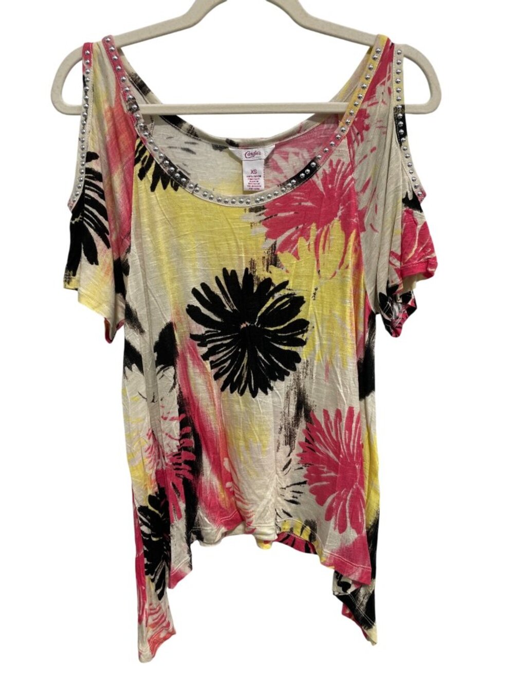 Candie's Blouse XS Cold Shoulder Studded Floral California Dreamin Tropical NEW